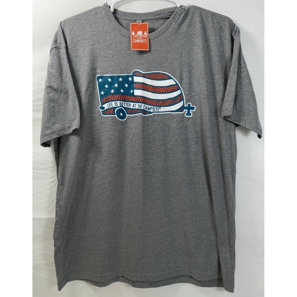 NWT Men's Camco Life Is Better At The Campsite RV American Flag Gray TShirt XXL